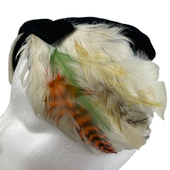 Vintage Flapper Casque Pheasant Feather Black Velvet Hat Cap Lace Lined La Vogue main image 13